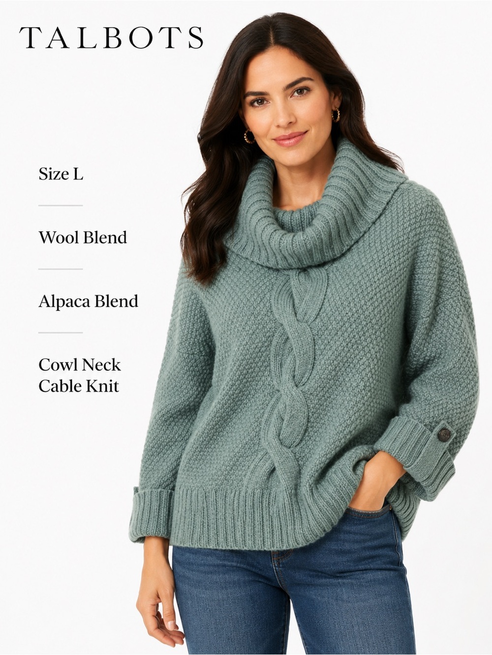 Talbots Sage Green Cowl Neck Cable Knit Sweater Wool Alpaca Blend Size Large